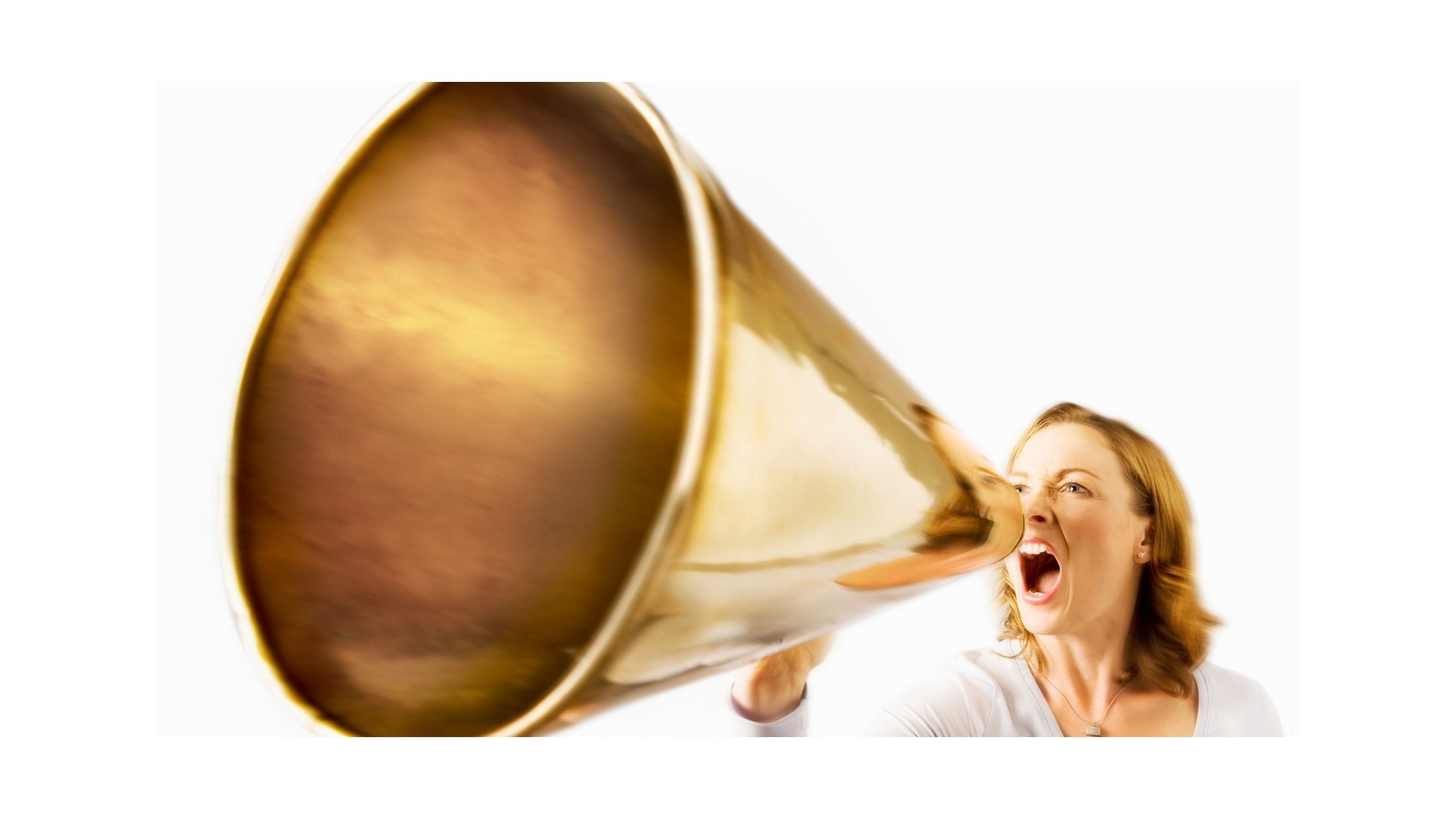 woman shouting through large gold megaphone to illustrate blog how loud is too loud