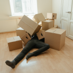 image of person buried under cardboard boxes to illustrate article protecting the health and safety of volunteers